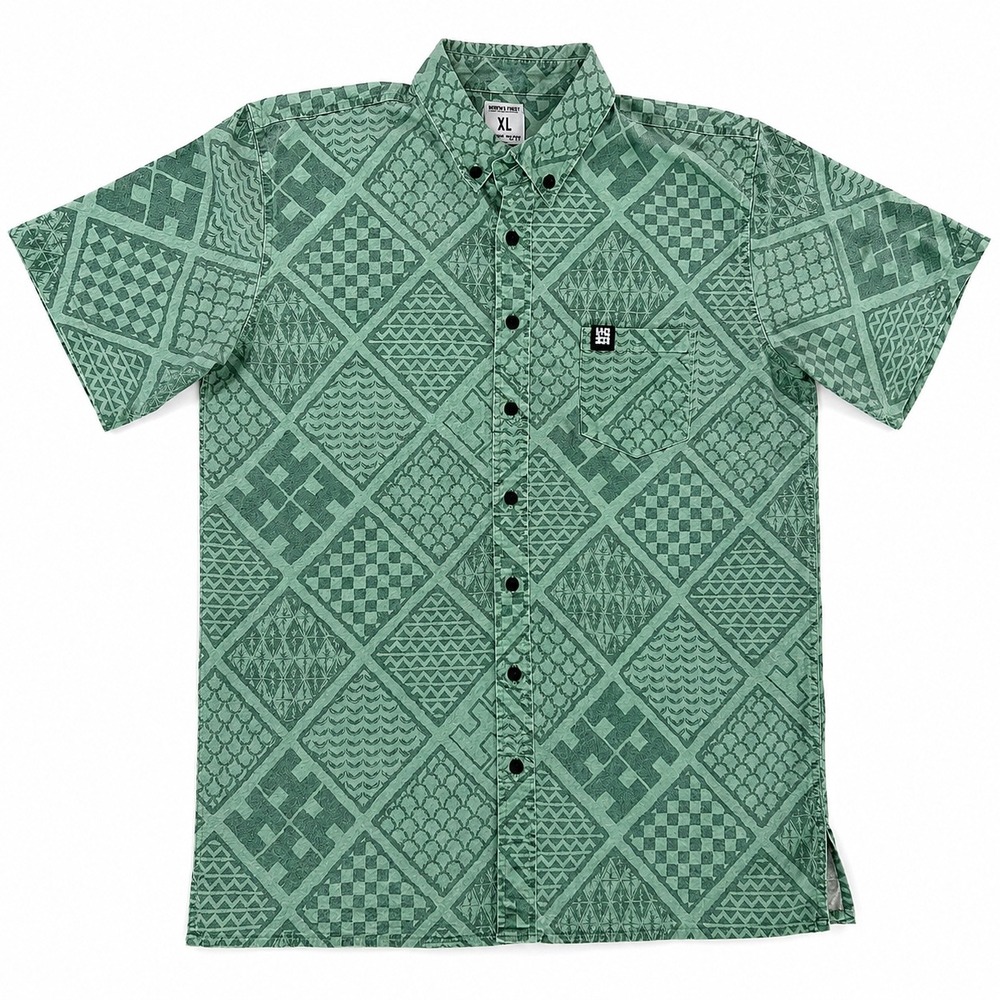 Hawaiis Finest Aloha Aina Collection Green Tribal Print Button Down Shirt XL